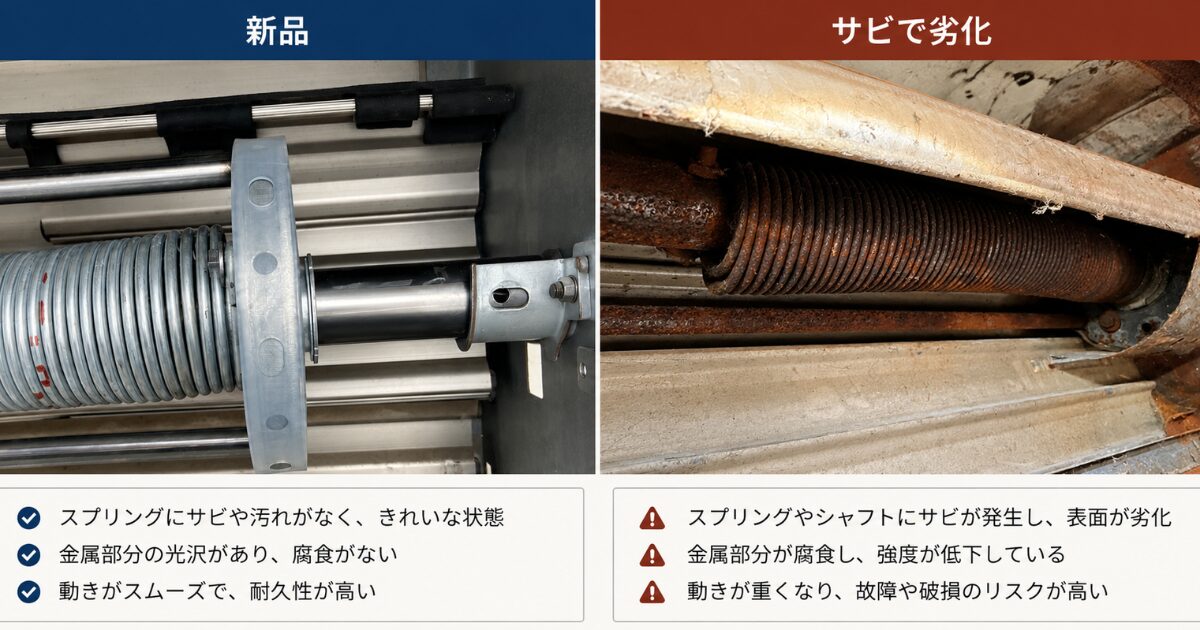 部品の劣化状態で変わる修理費用 シャッターのスプリングが新品の状態とサビで劣化した状態を比較した図解